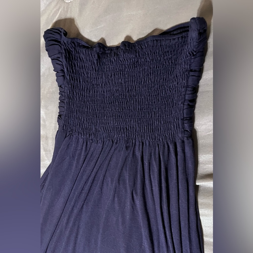 🌹 Navy strapless maxi dress with ruched detail jersey material size small - Picture 10 of 13